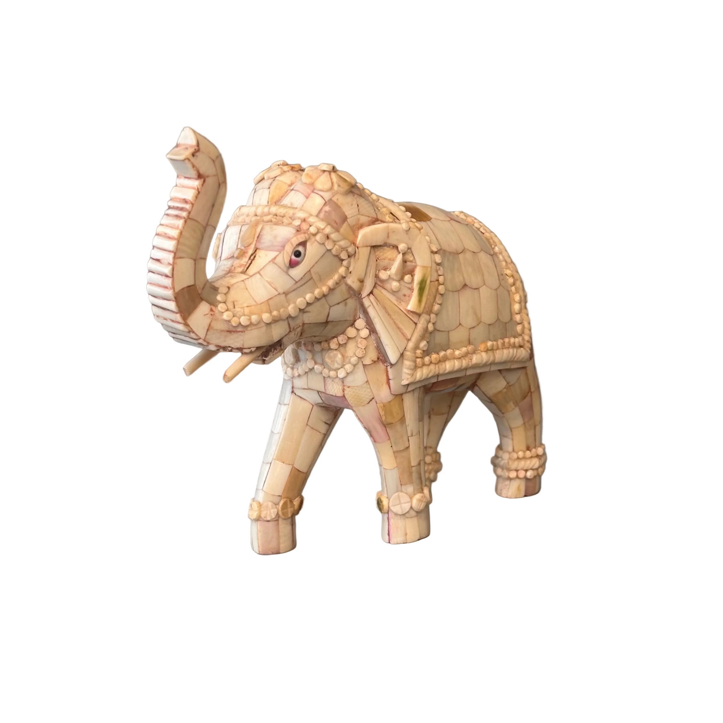 Mid-20th century Indian tessellated bone elephant decorative figure with raised trunk