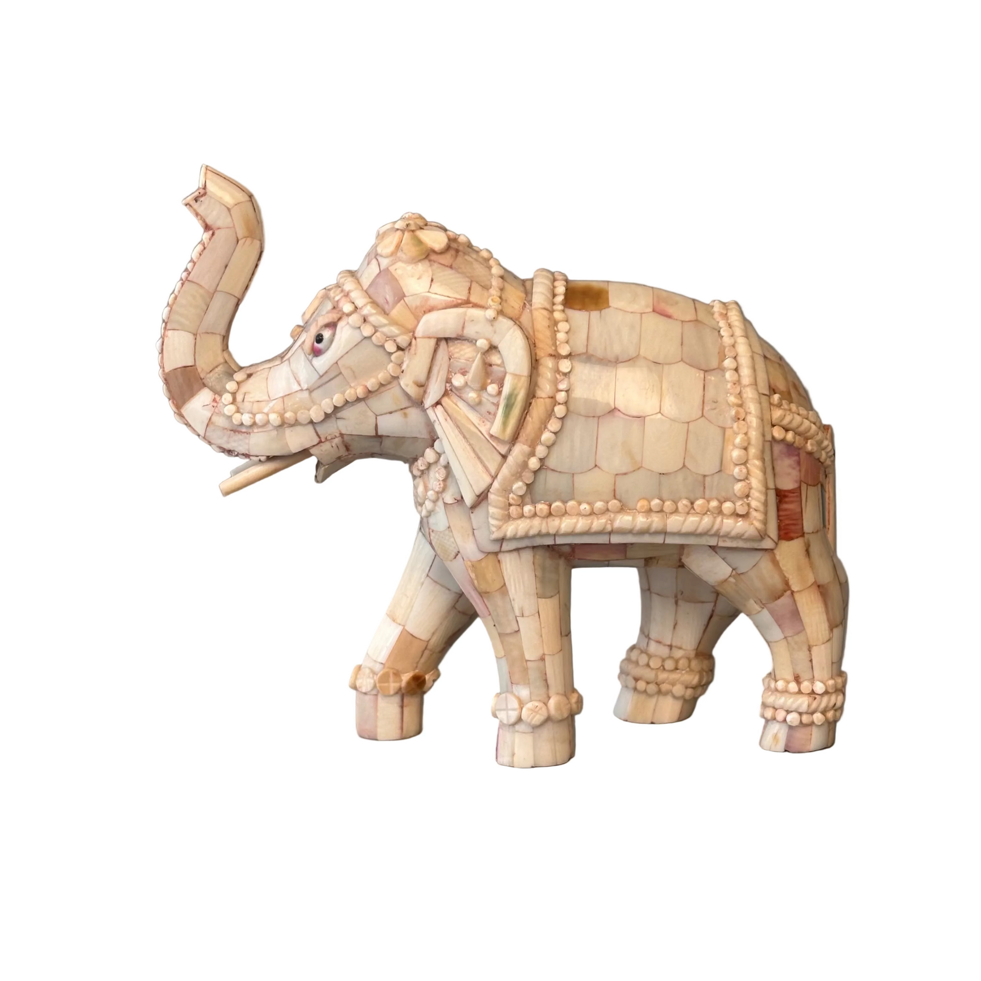 Mid-20th century Indian tessellated bone elephant decorative figure with raised trunk