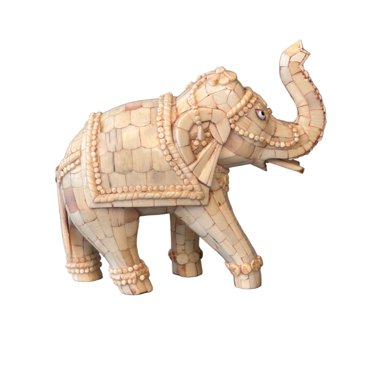 Mid-20th century Indian tessellated bone elephant decorative figure with raised trunk