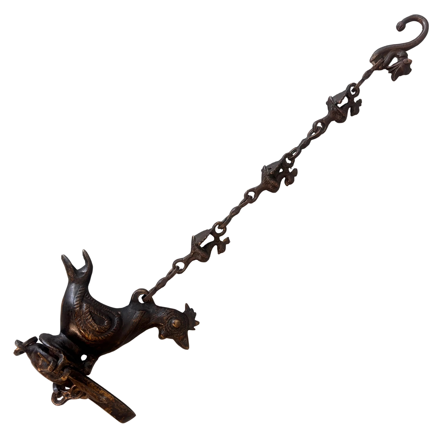 Antique Indian bronze bird-form hanging oil burner with decorative chain, late 19th to early 20th century, showing aged patina and hand-cast detailing.