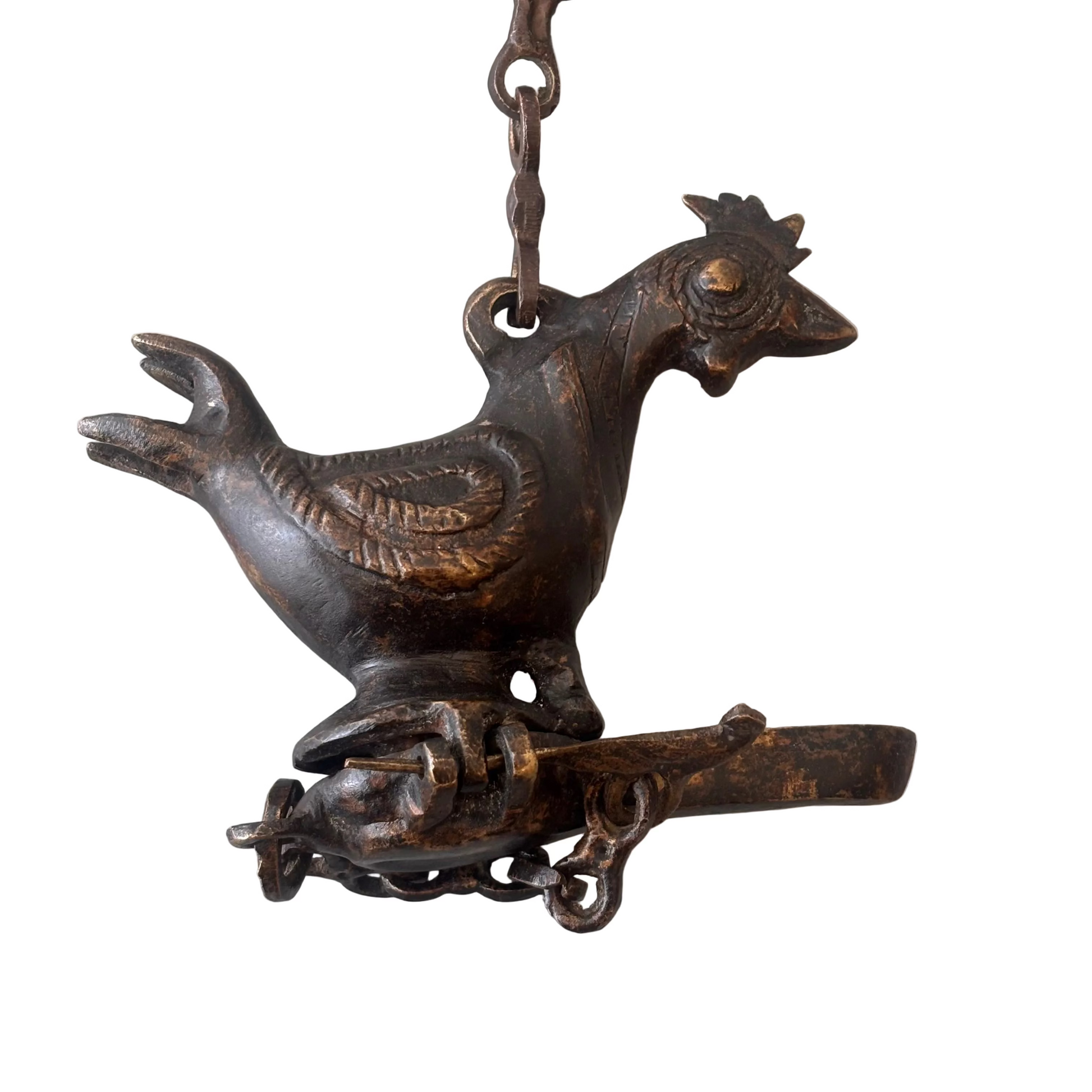 Antique Indian bronze bird-form hanging oil burner with decorative chain, late 19th to early 20th century, showing aged patina and hand-cast detailing.