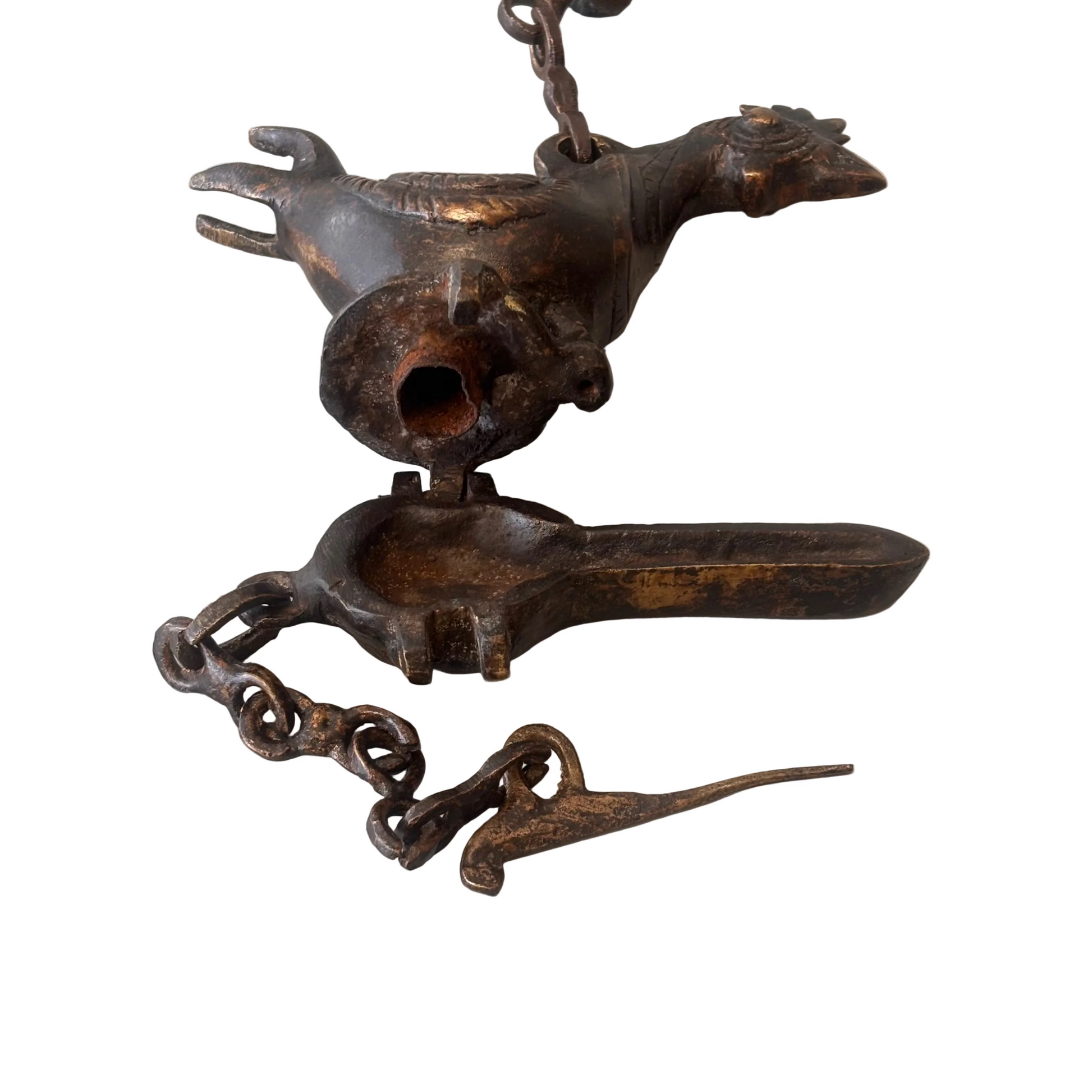 Antique Indian bronze bird-form hanging oil burner with decorative chain, late 19th to early 20th century, showing aged patina and hand-cast detailing.