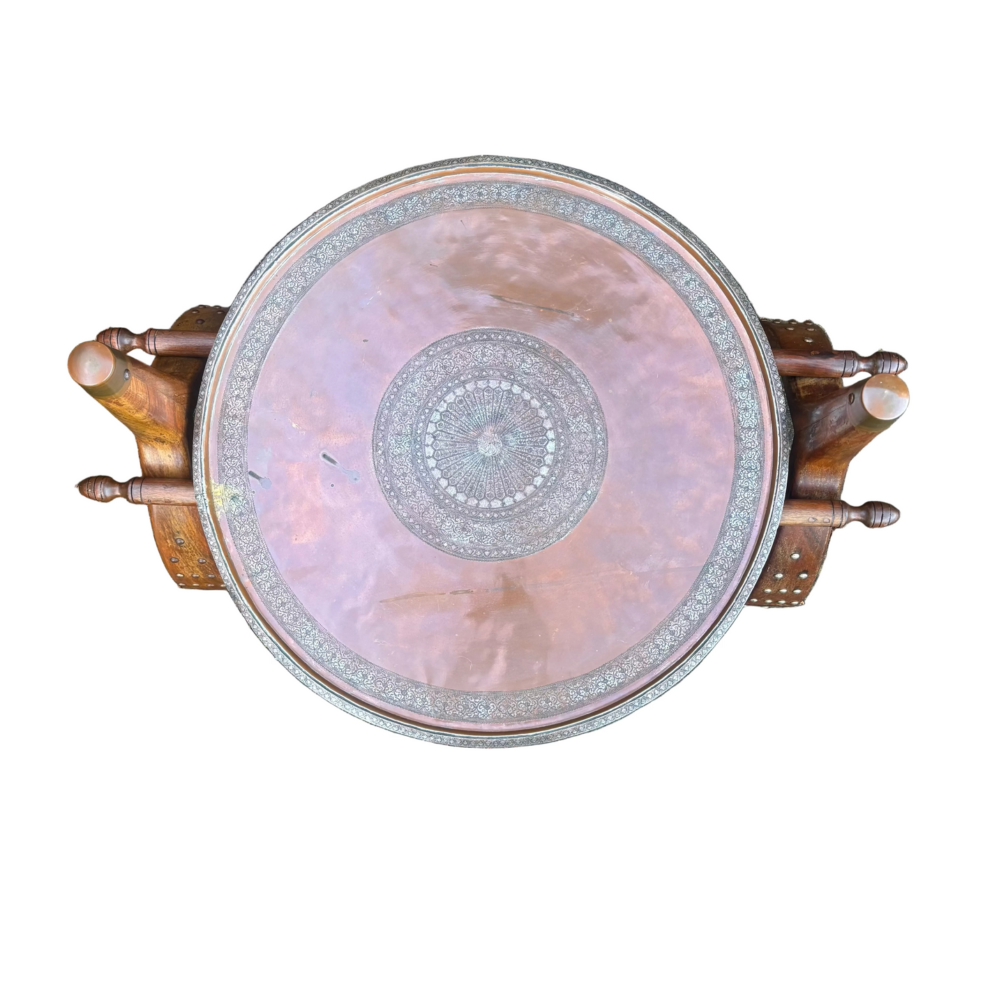 Safavid Persian engraved copper tray with calligraphic medallion on mid-century Indian camel saddle wooden stand