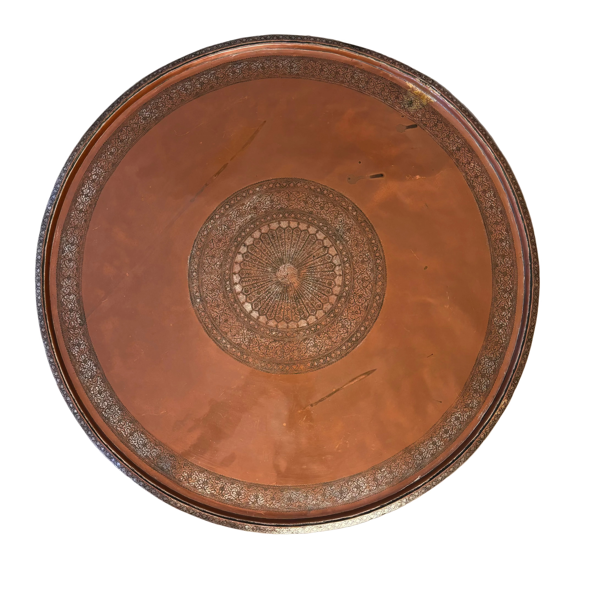 Safavid Persian engraved copper tray with calligraphic medallion 
