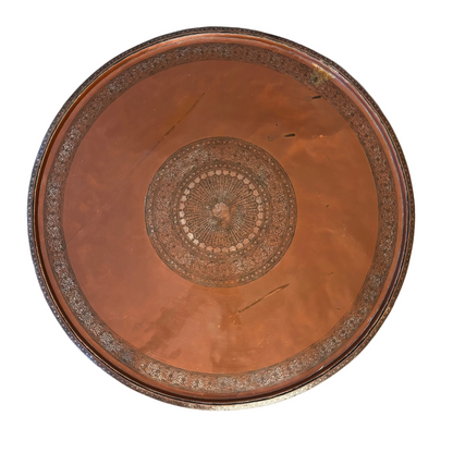 Safavid Persian engraved copper tray with calligraphic medallion 