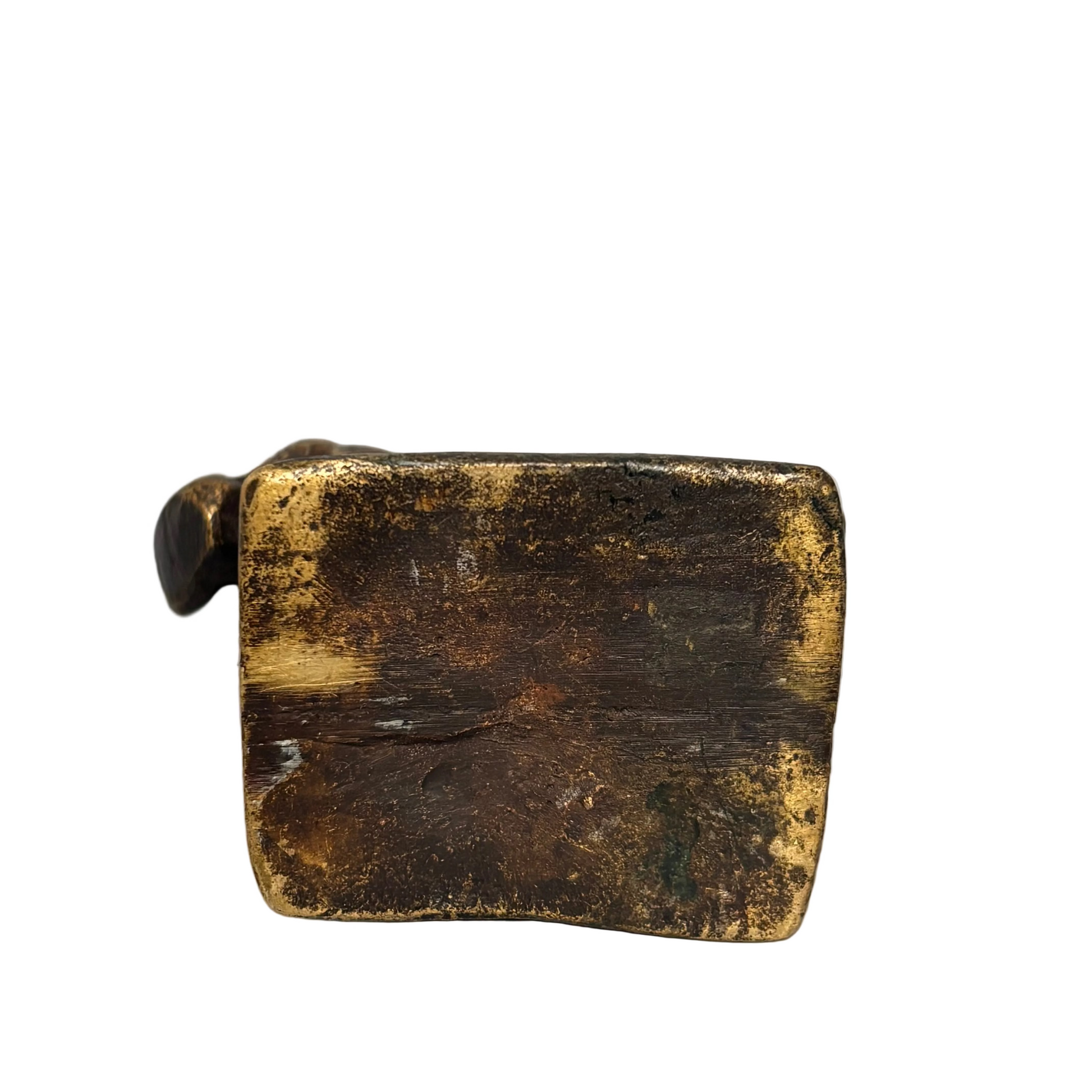 Base of 19th century Shan bronze opium weight in horse form with dark patina and worn surface