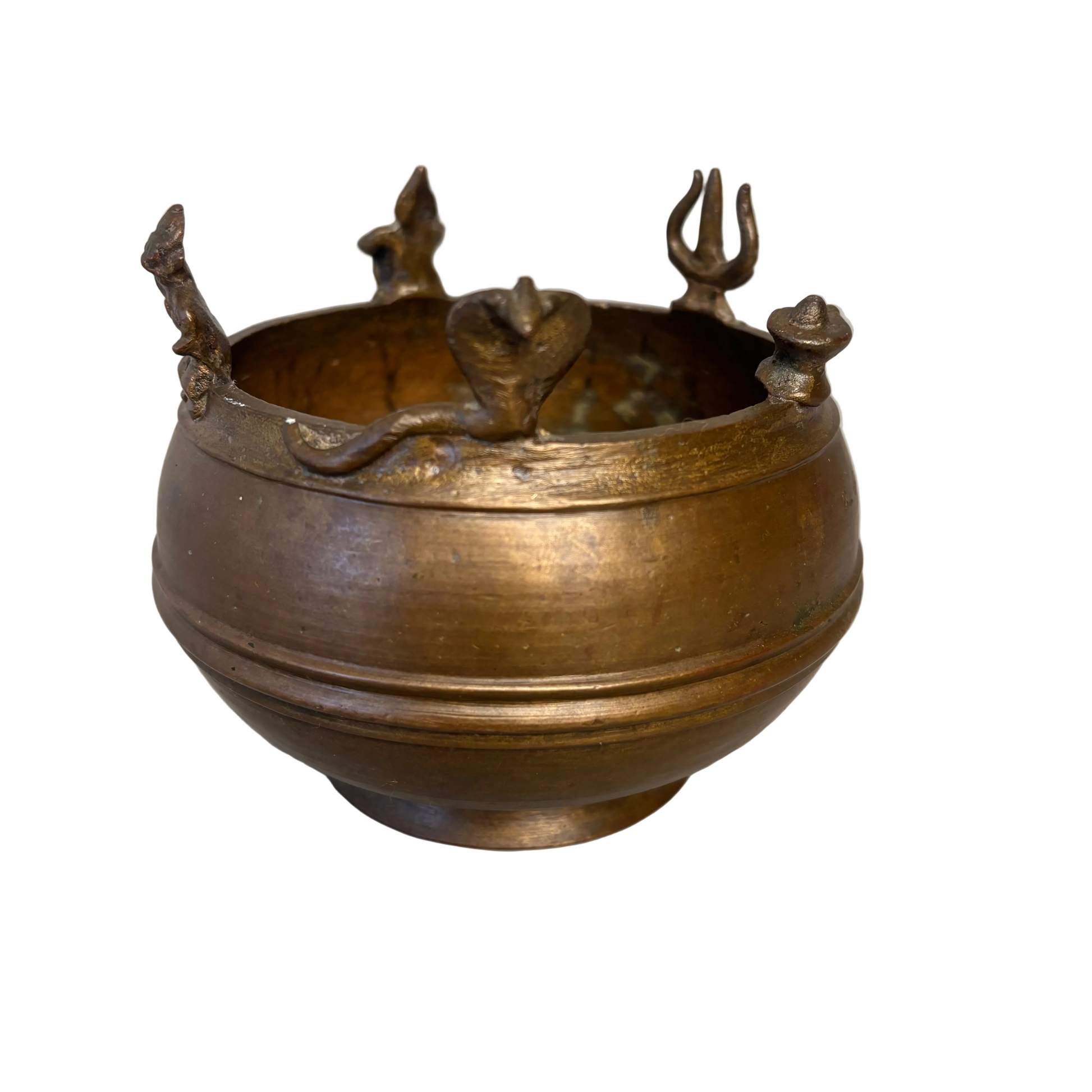 South Indian brass Thirtham Kinnam ritual bowl with Tamil inscription and applied rim figures