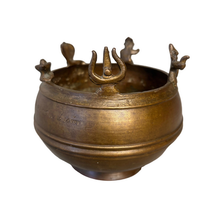 South Indian brass Thirtham Kinnam ritual bowl with Tamil inscription and applied rim figures