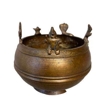 South Indian brass Thirtham Kinnam ritual bowl with Tamil inscription and applied rim figures