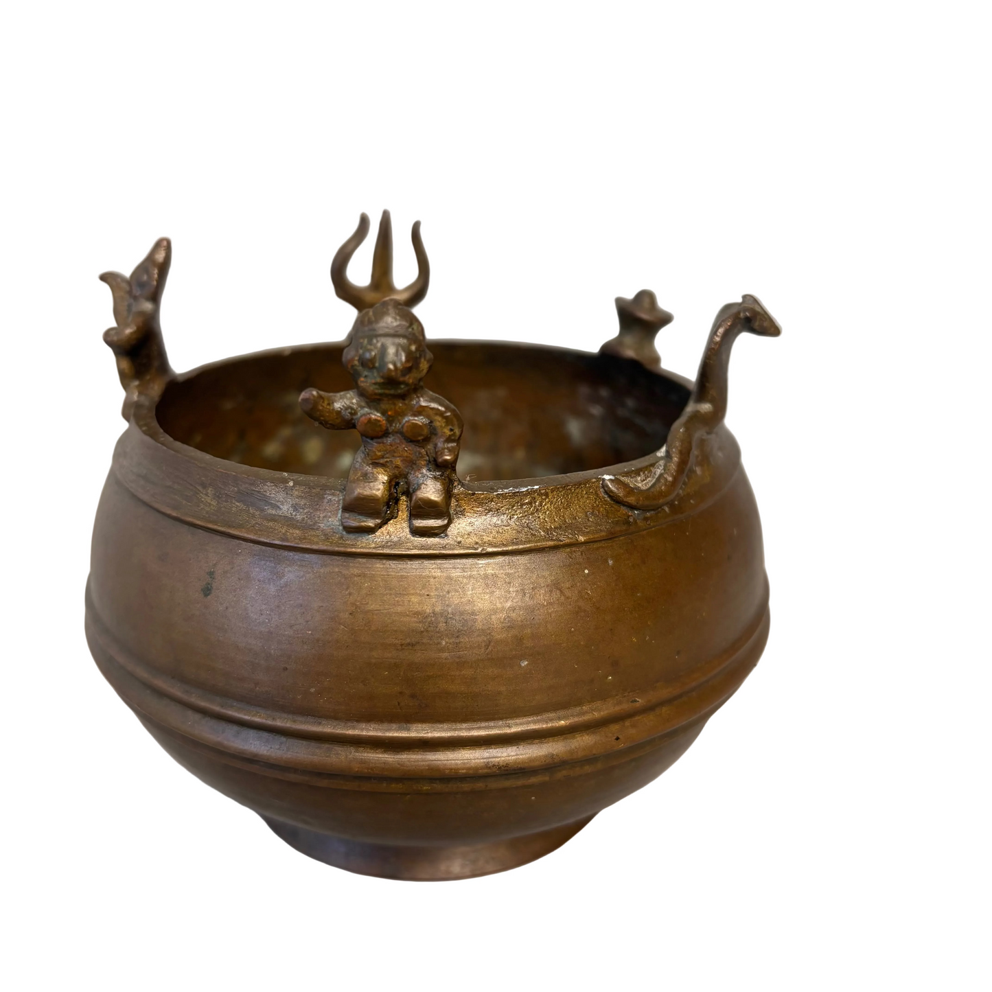 Side view of South Indian brass Thirtham Kinnam showing applied trident and serpent motifs