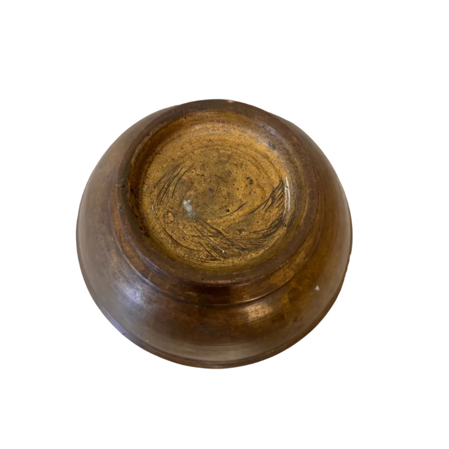 Base of South Indian brass Thirtham Kinnam showing age-related wear and patina