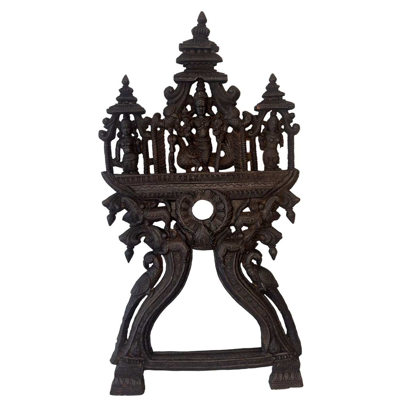 South Indian carved wooden Murugan shrine panel with peacock mount
