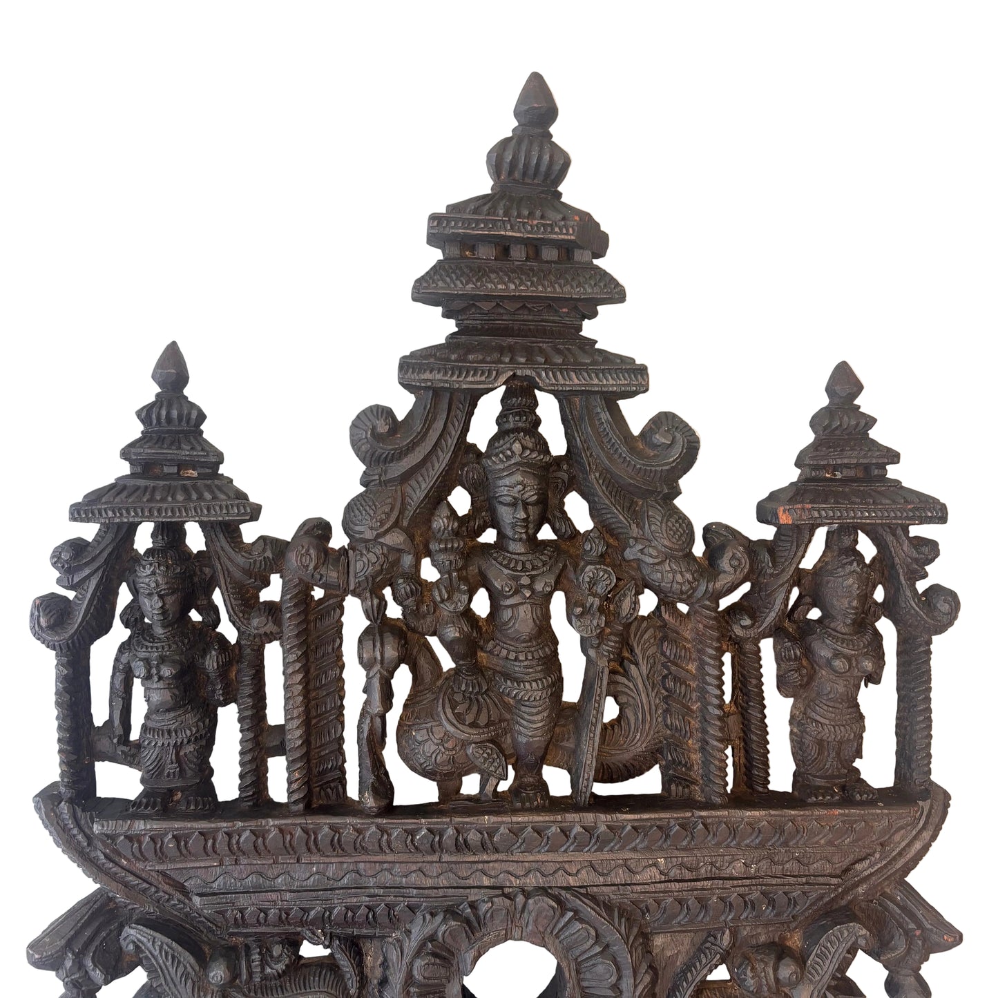 Valli and Devasena flanking Murugan hardwood carving