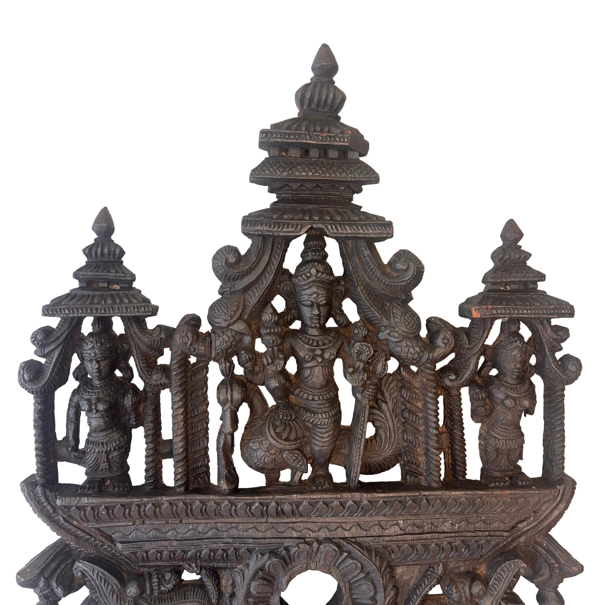 Valli and Devasena flanking Murugan hardwood carving