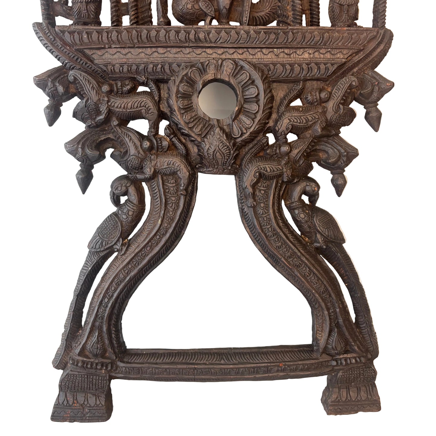 South Indian carved wooden Murugan shrine panel with peacock mount