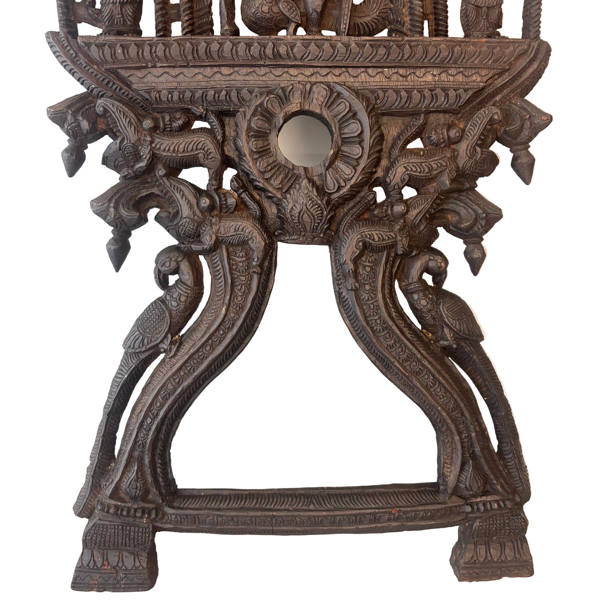South Indian carved wooden Murugan shrine panel with peacock mount