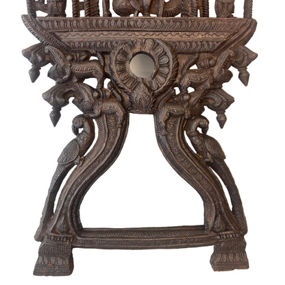 South Indian carved wooden Murugan shrine panel with peacock mount