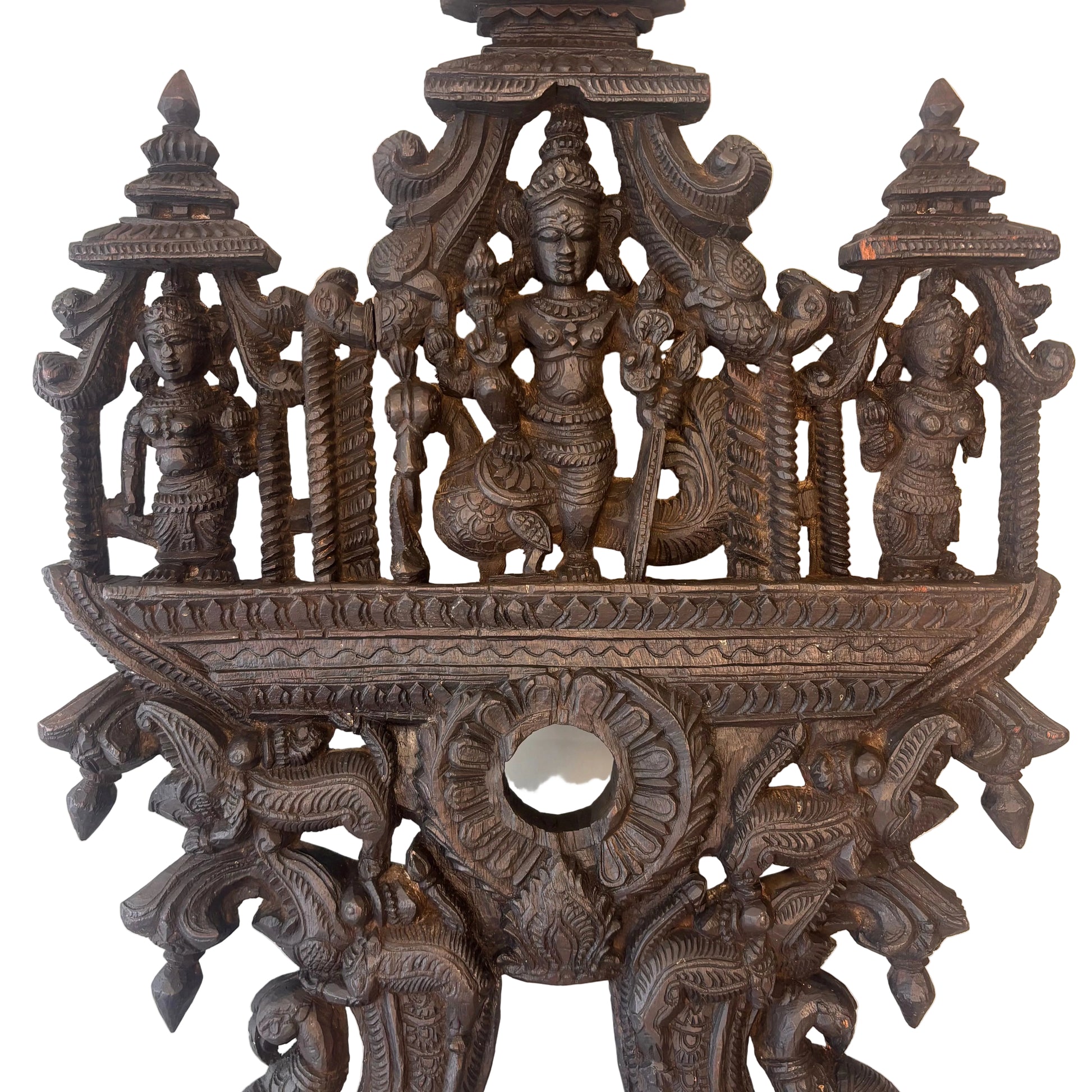 Valli and Devasena flanking Murugan hardwood carving