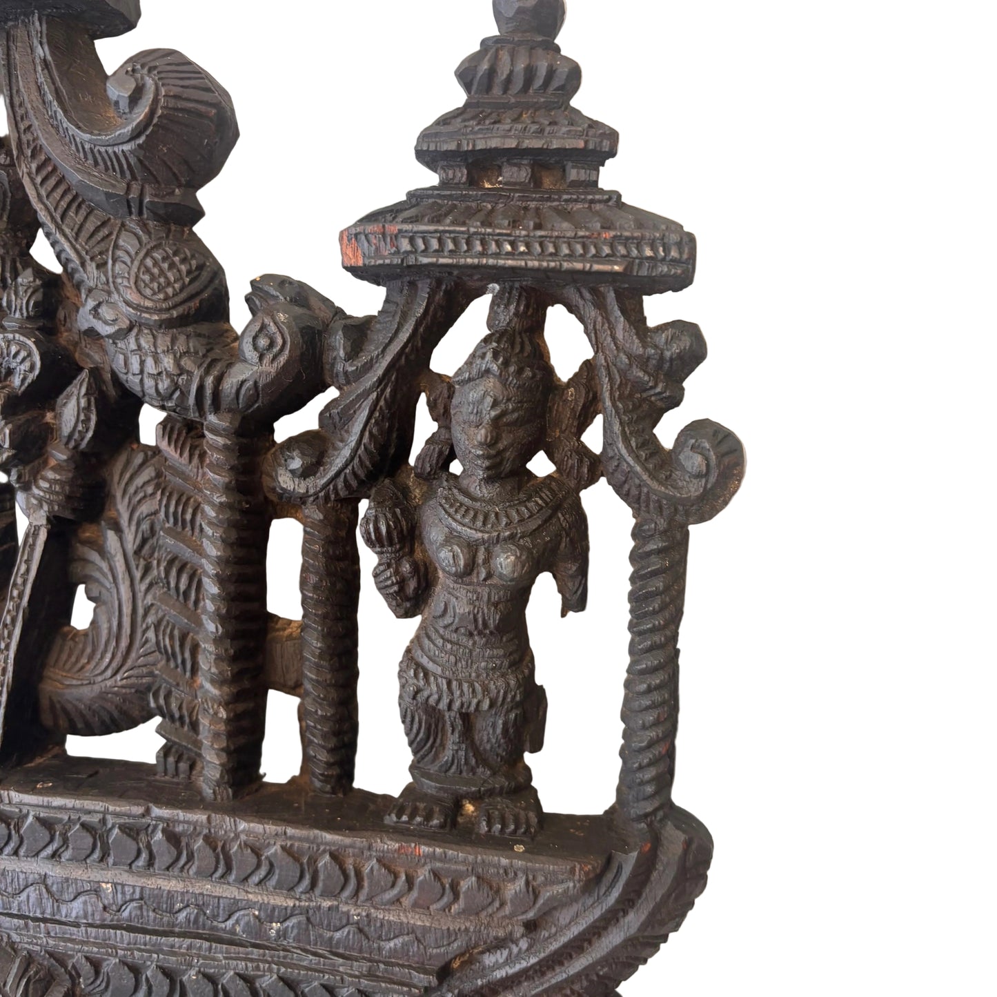 South Indian carved wooden Murugan shrine panel with peacock mount