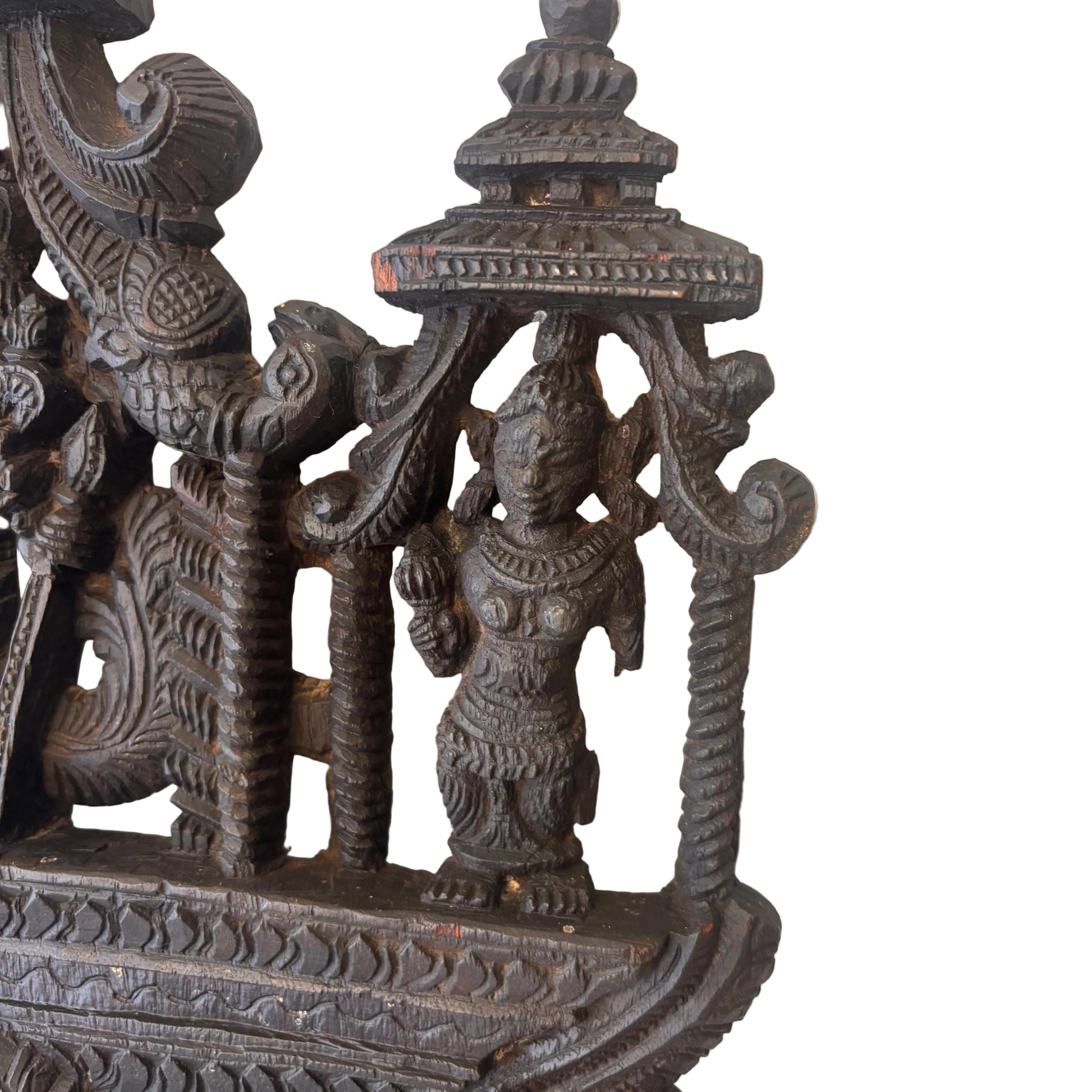 South Indian carved wooden Murugan shrine panel with peacock mount