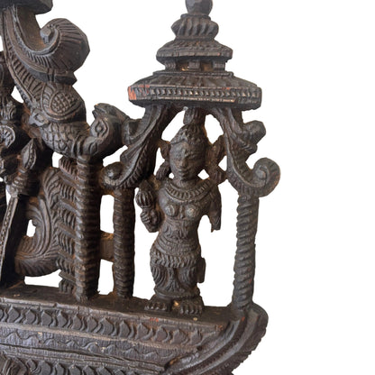 South Indian carved wooden Murugan shrine panel with peacock mount