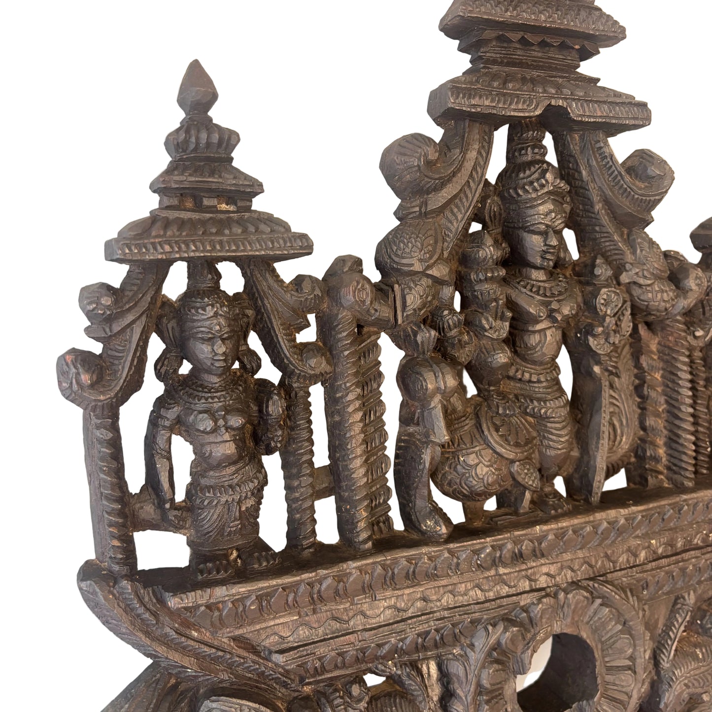 South Indian carved wooden Murugan shrine panel with peacock mount