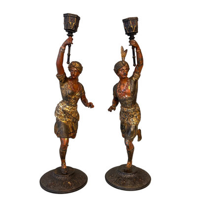 Pair of 19th century French Orientalist spelter figural candlesticks with cold-painted and gilt decoration, 40cm high