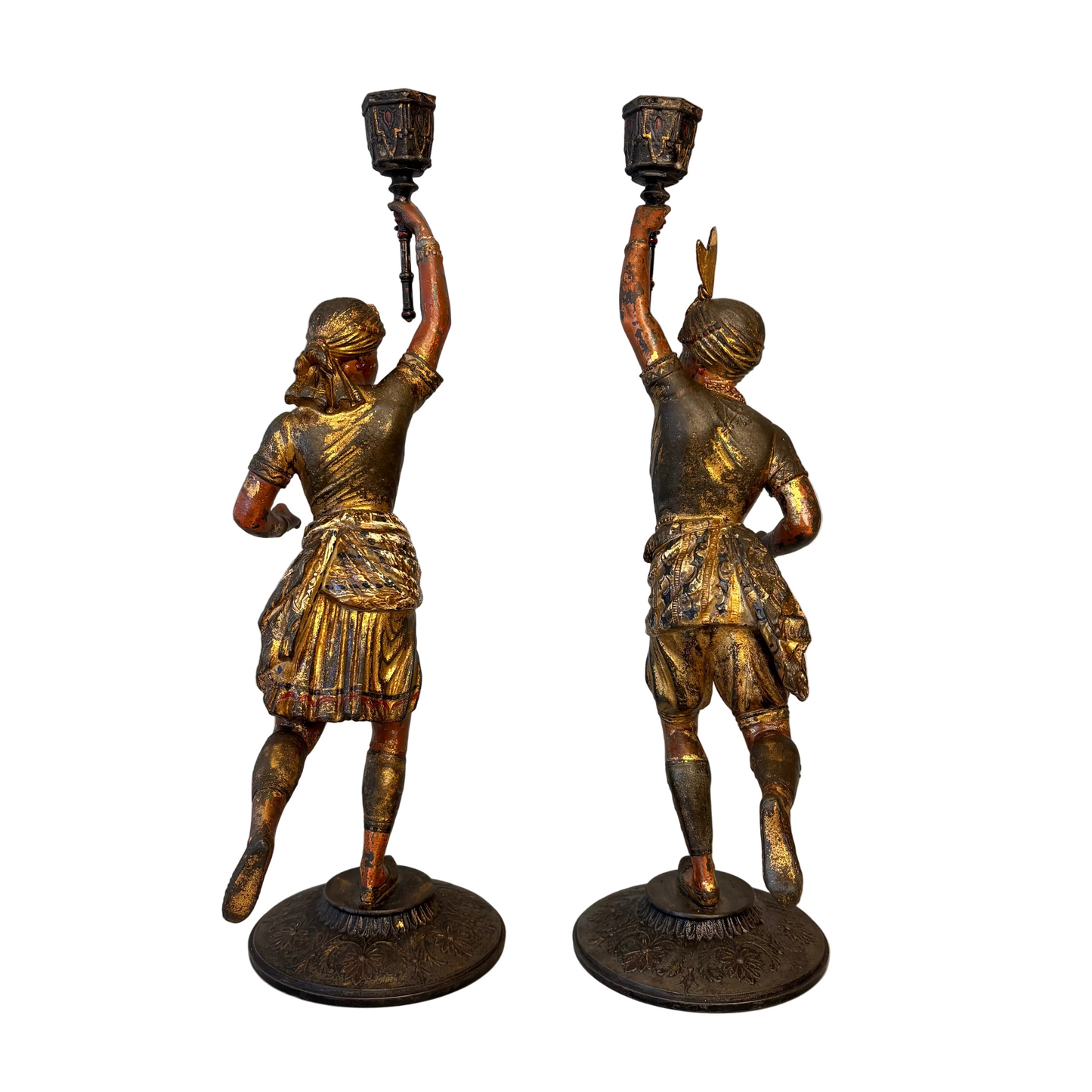 Rear view of antique French spelter figural candlesticks showing original paint and patina