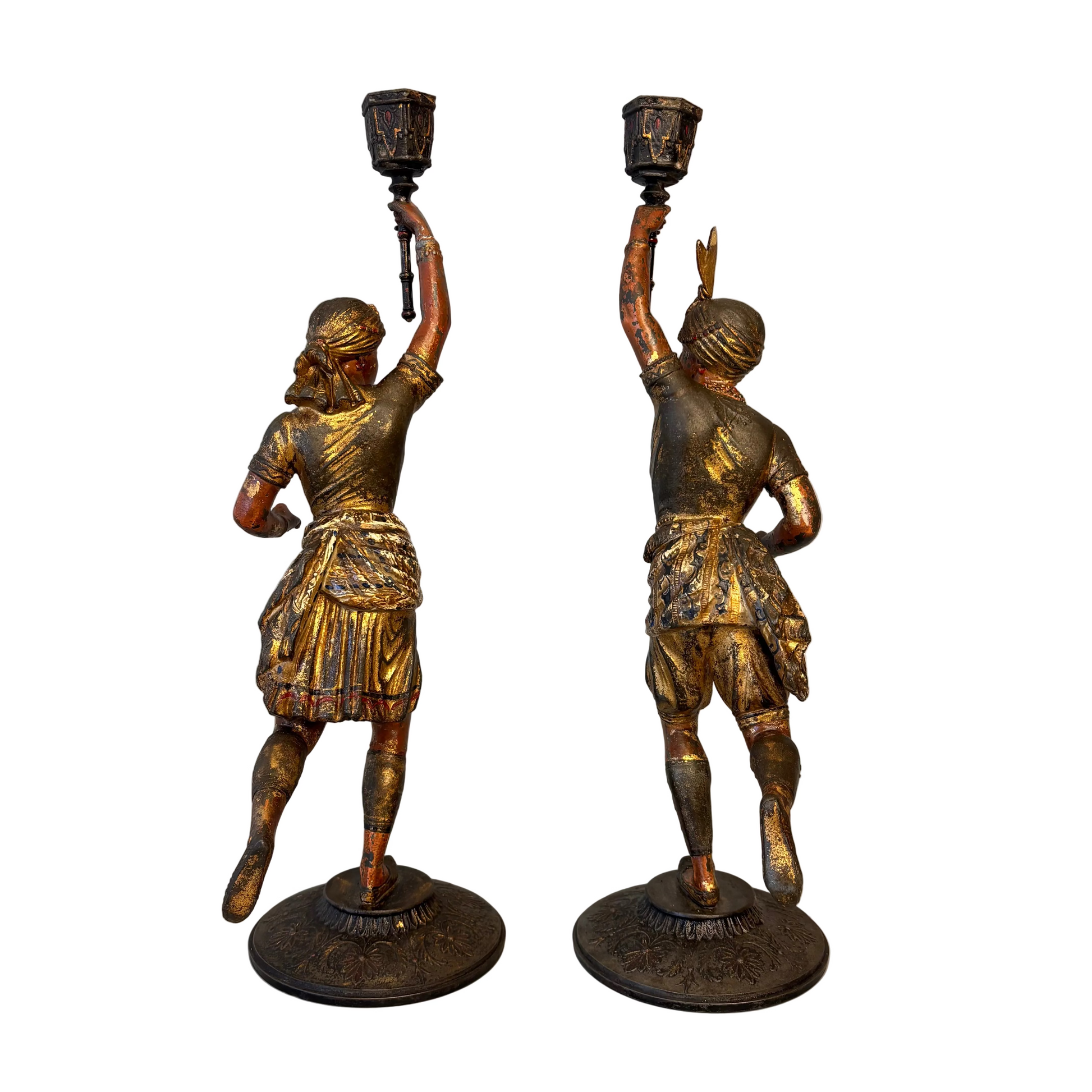 Rear view of antique French spelter figural candlesticks showing original paint and patina