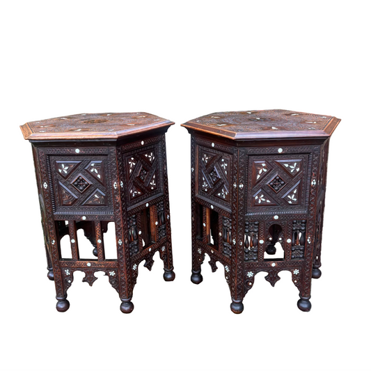 Two Damascus inlaid hardwood tables showing geometric carving and mashrabiya sides