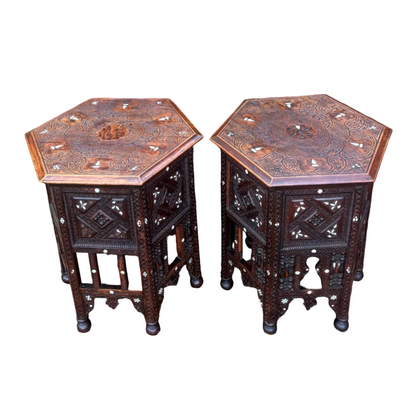Two Damascus inlaid hardwood tables showing geometric carving and mashrabiya sides