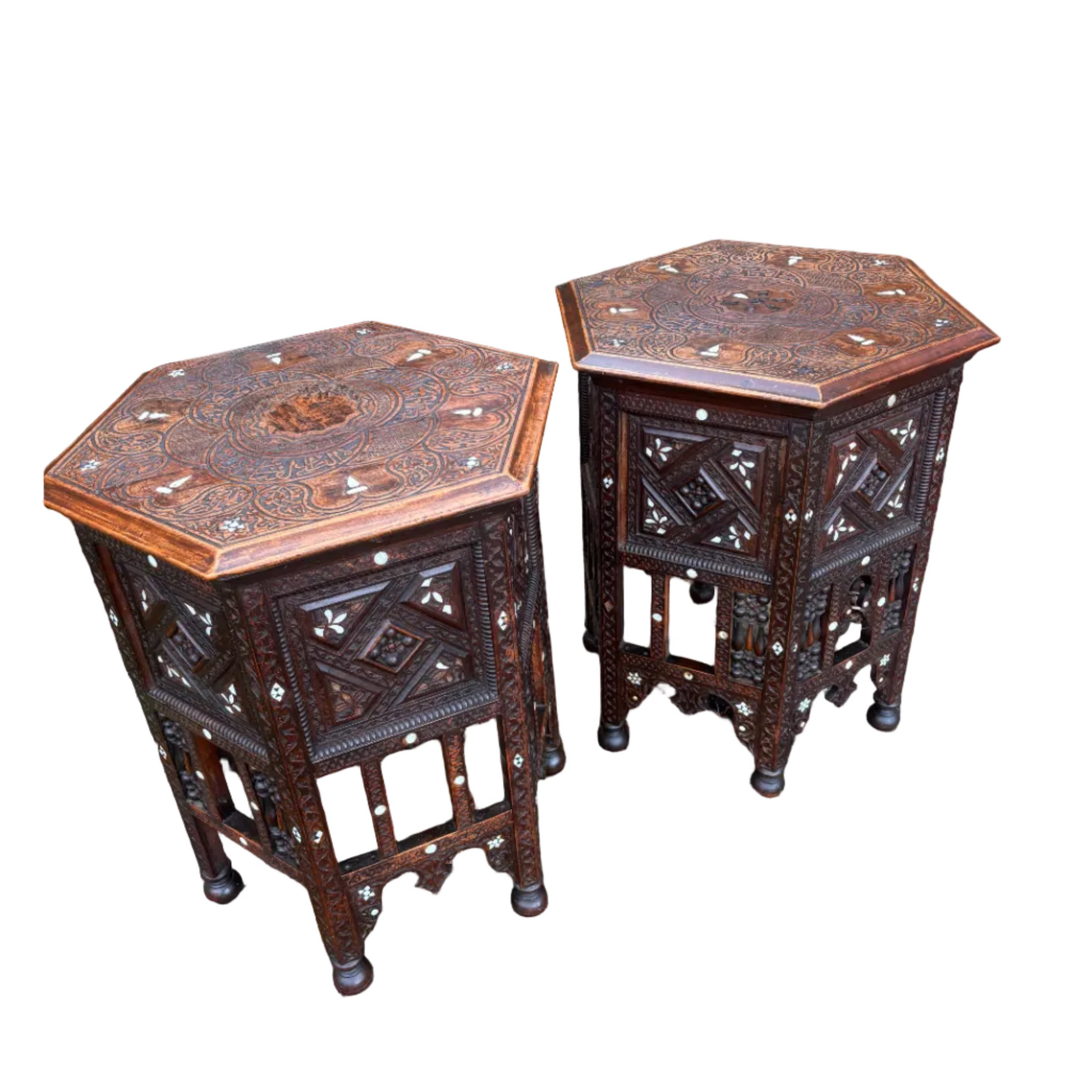 Pair of antique Syrian octagonal side tables with mother-of-pearl inlay and carved panels