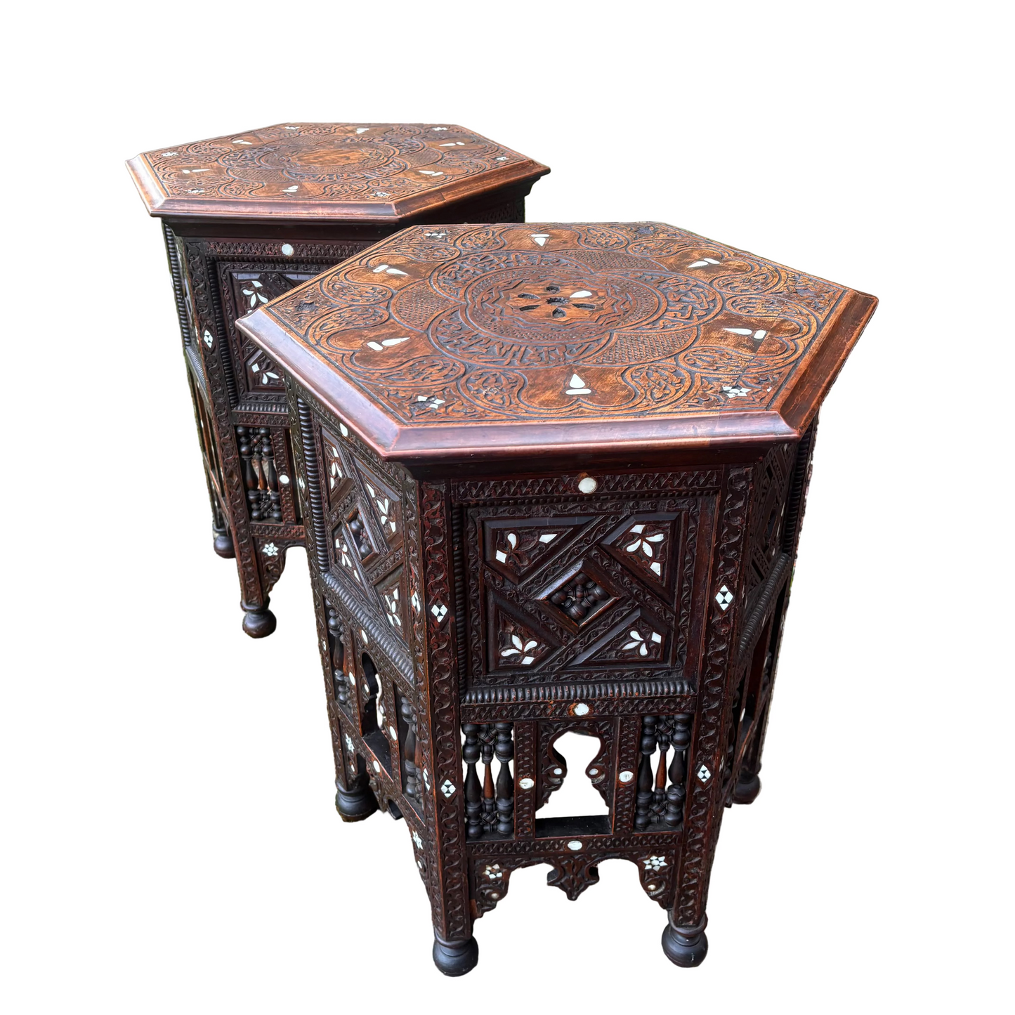 Two Damascus inlaid hardwood tables showing geometric carving and mashrabiya sides