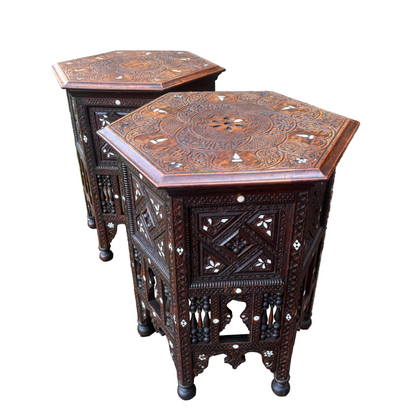 Two Damascus inlaid hardwood tables showing geometric carving and mashrabiya sides
