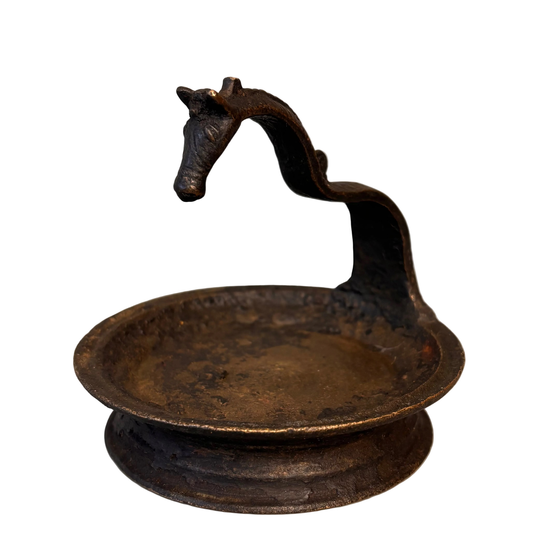 Antique South Indian bronze horse-head oil lamp vilakku Kerala side view