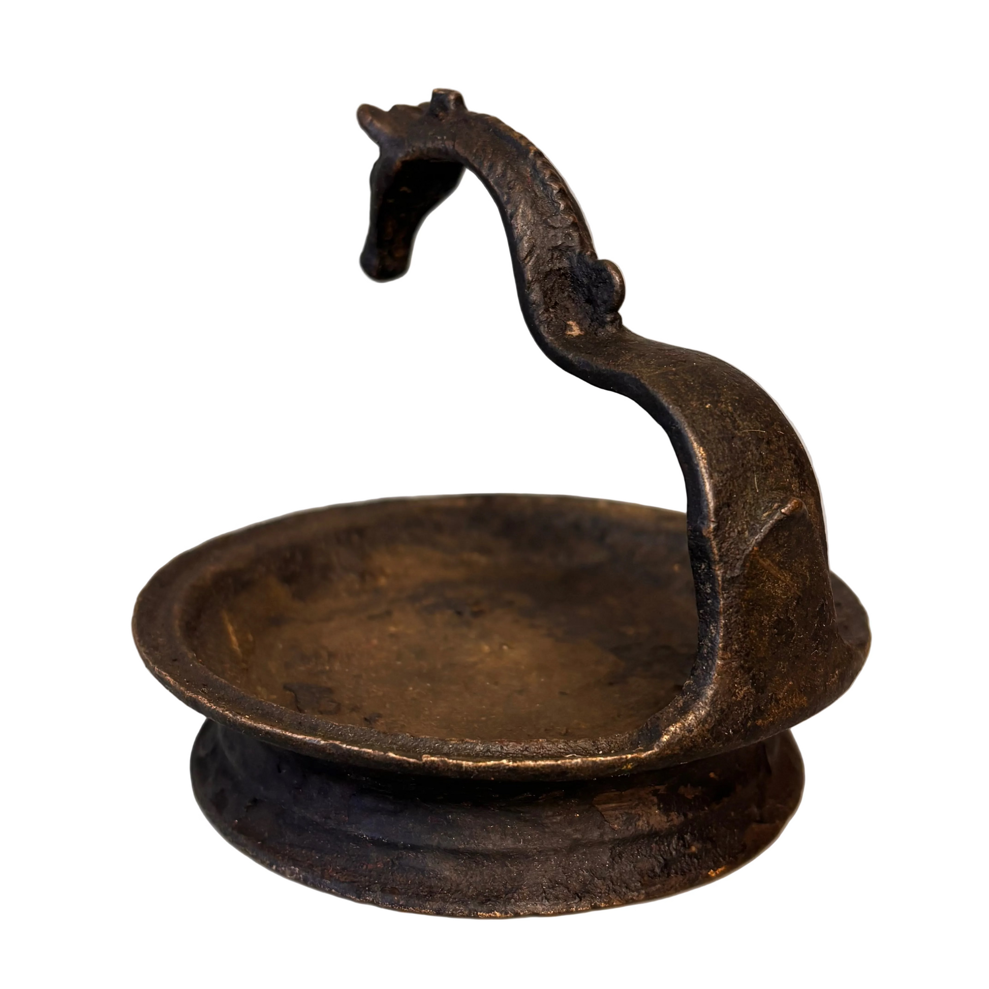 South Indian bronze oil lamp with horse finial ritual vilakku India