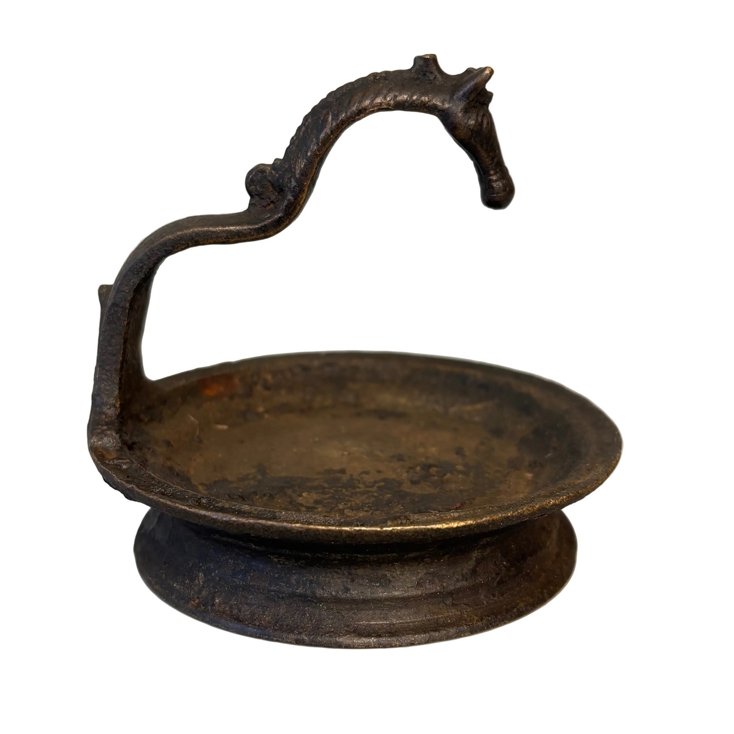 Antique South Indian bronze horse-head oil lamp vilakku Kerala side view
