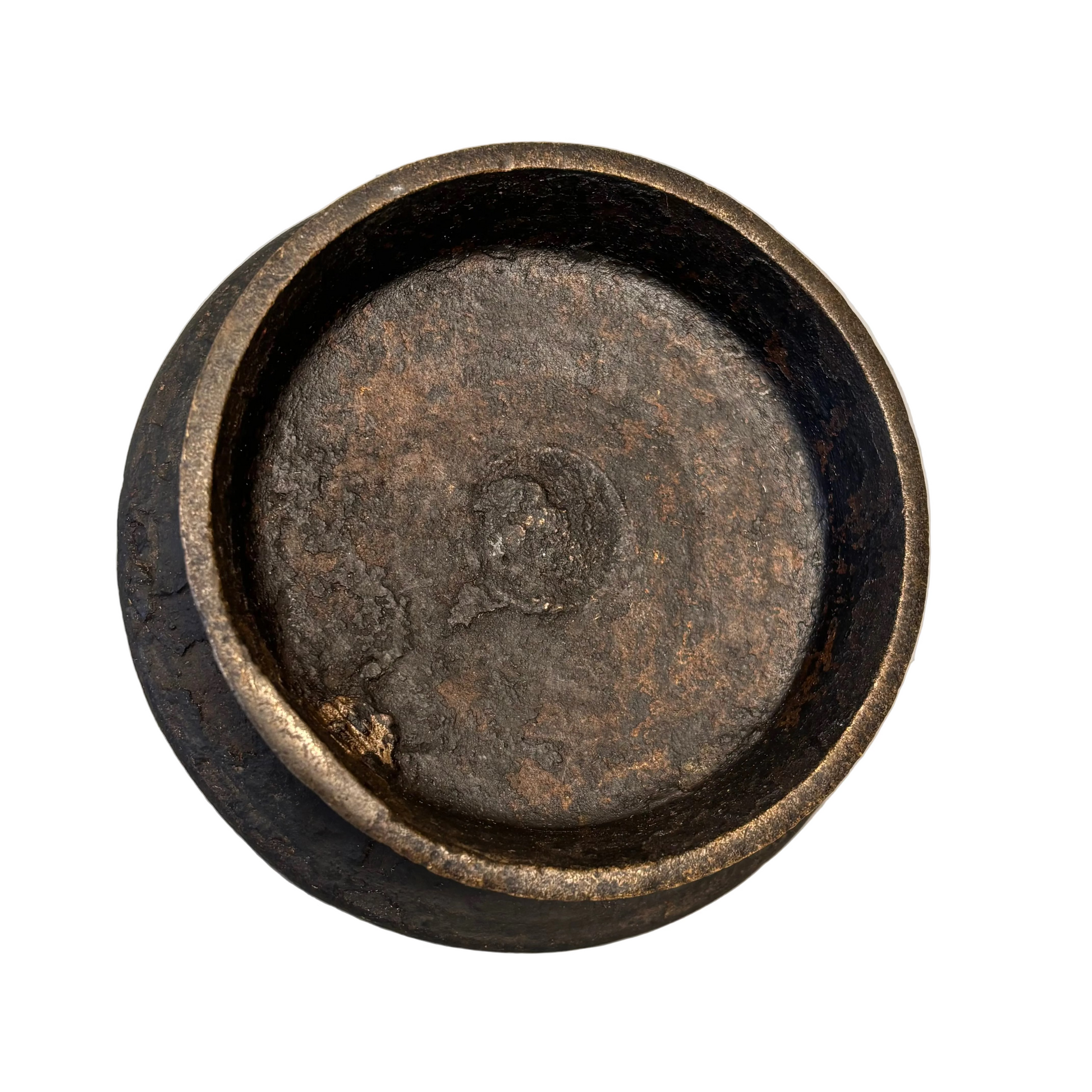 Detail of cast bronze rim and surface wear South Indian lamp