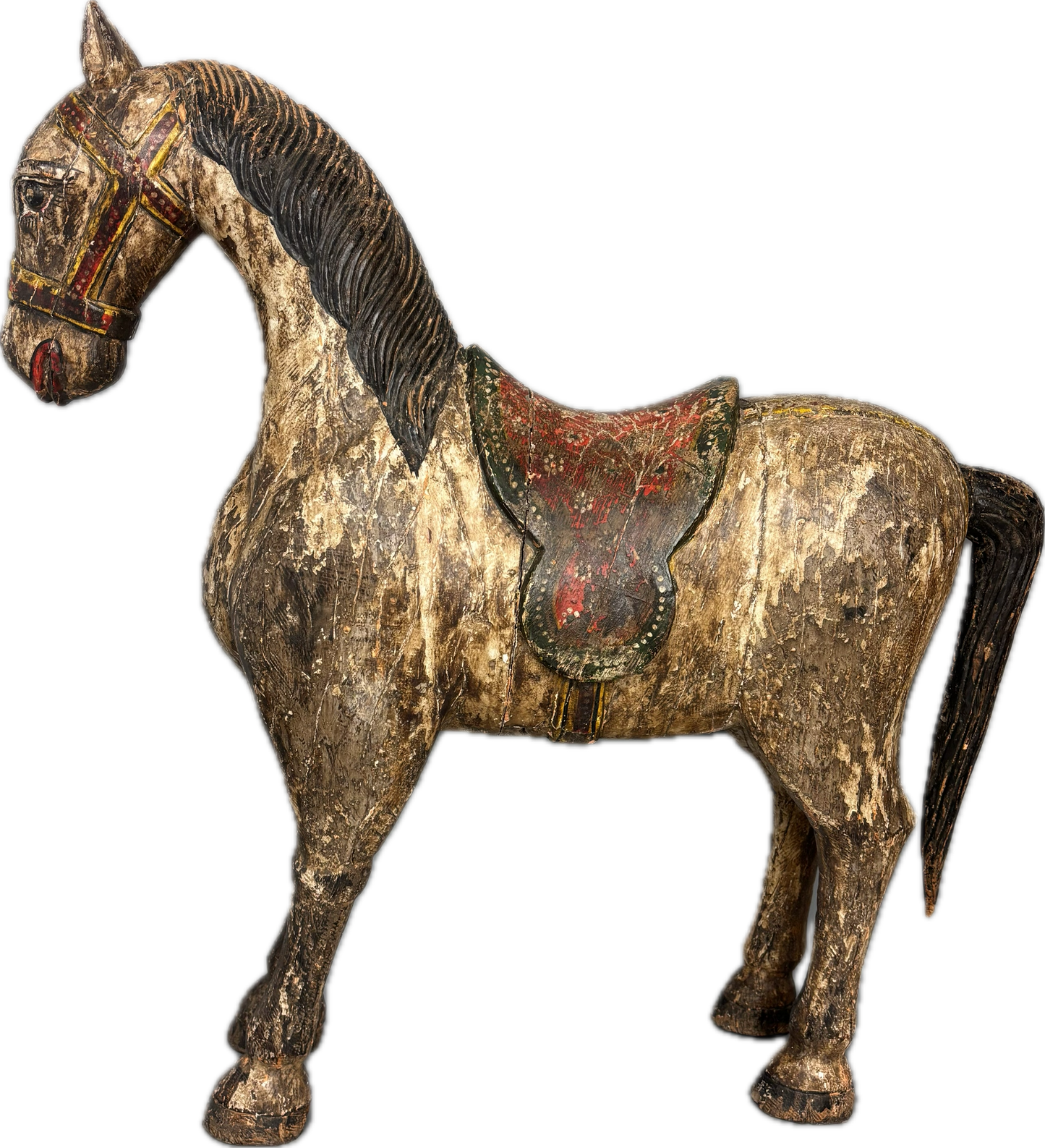 Large South Indian carved wooden horse sculpture with worn polychrome decoration