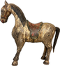 Large South Indian carved wooden horse sculpture with worn polychrome decoration