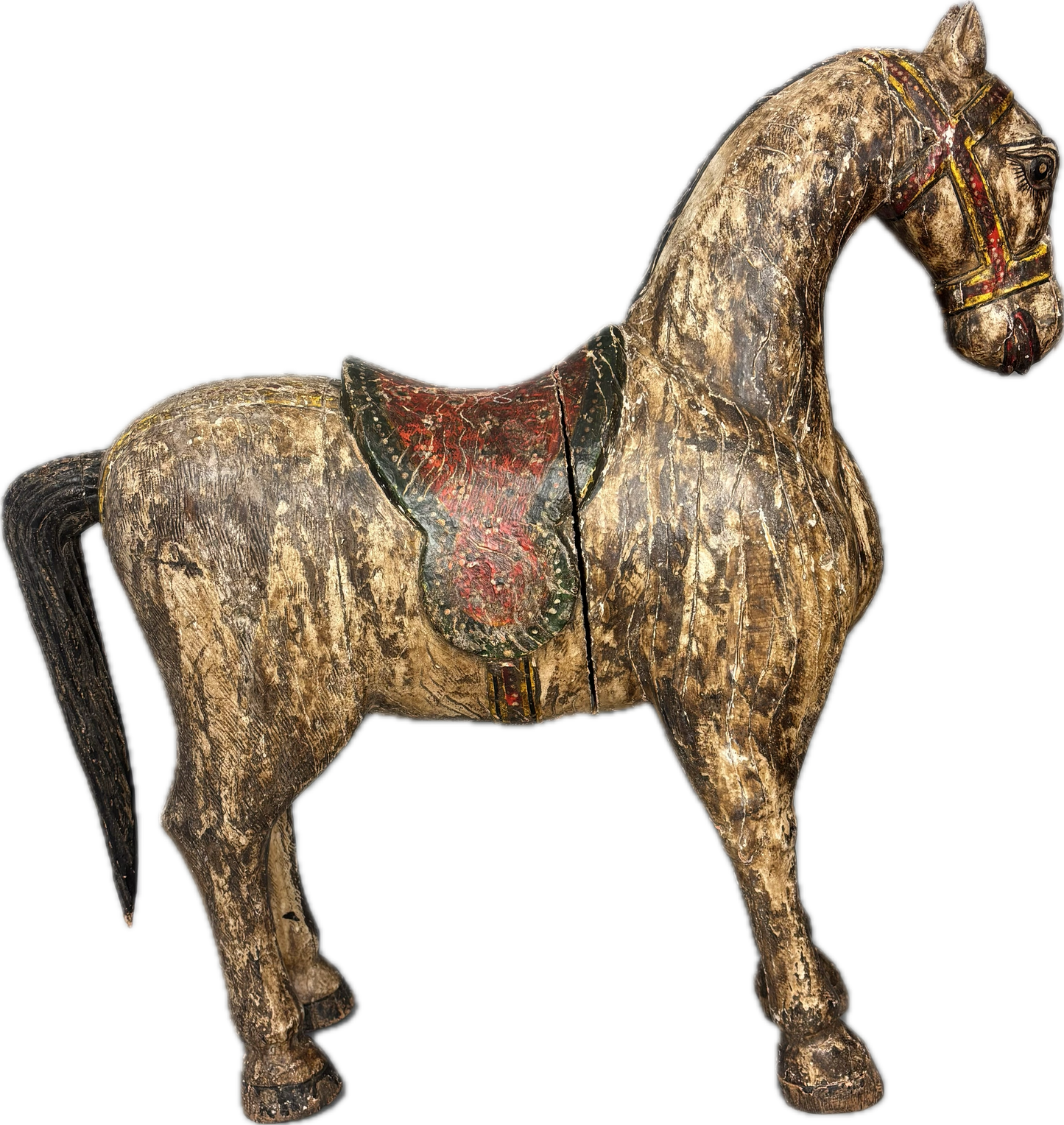 Full view of large decorative Indian wooden horse figure showing sculptural scale