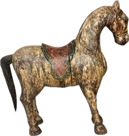 Full view of large decorative Indian wooden horse figure showing sculptural scale