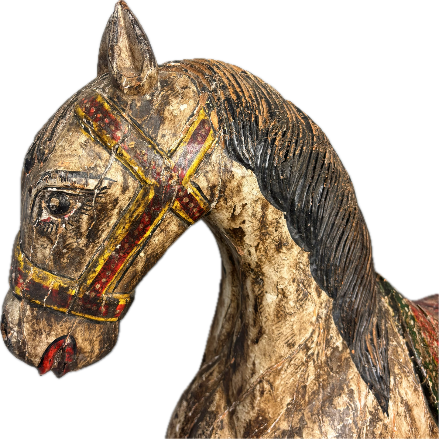 Detail of carved mane and surface patina on South Indian hardwood sculpture