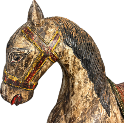 Detail of carved mane and surface patina on South Indian hardwood sculpture