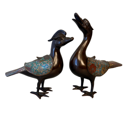 Chinese bronze mandarin duck incense censer with champlevé enamel decoration Qing dynasty style