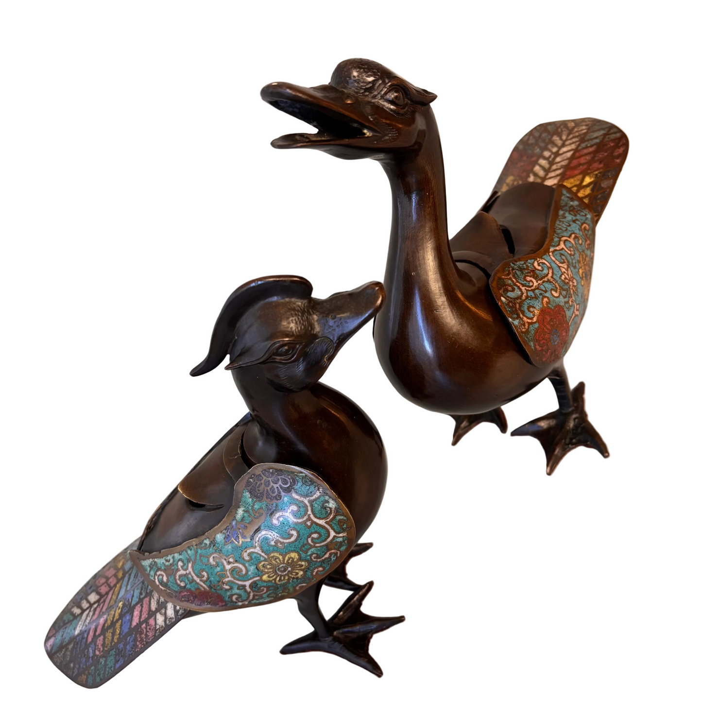Pair Chinese bronze mandarin duck incense burners with turquoise champlevé enamel panels