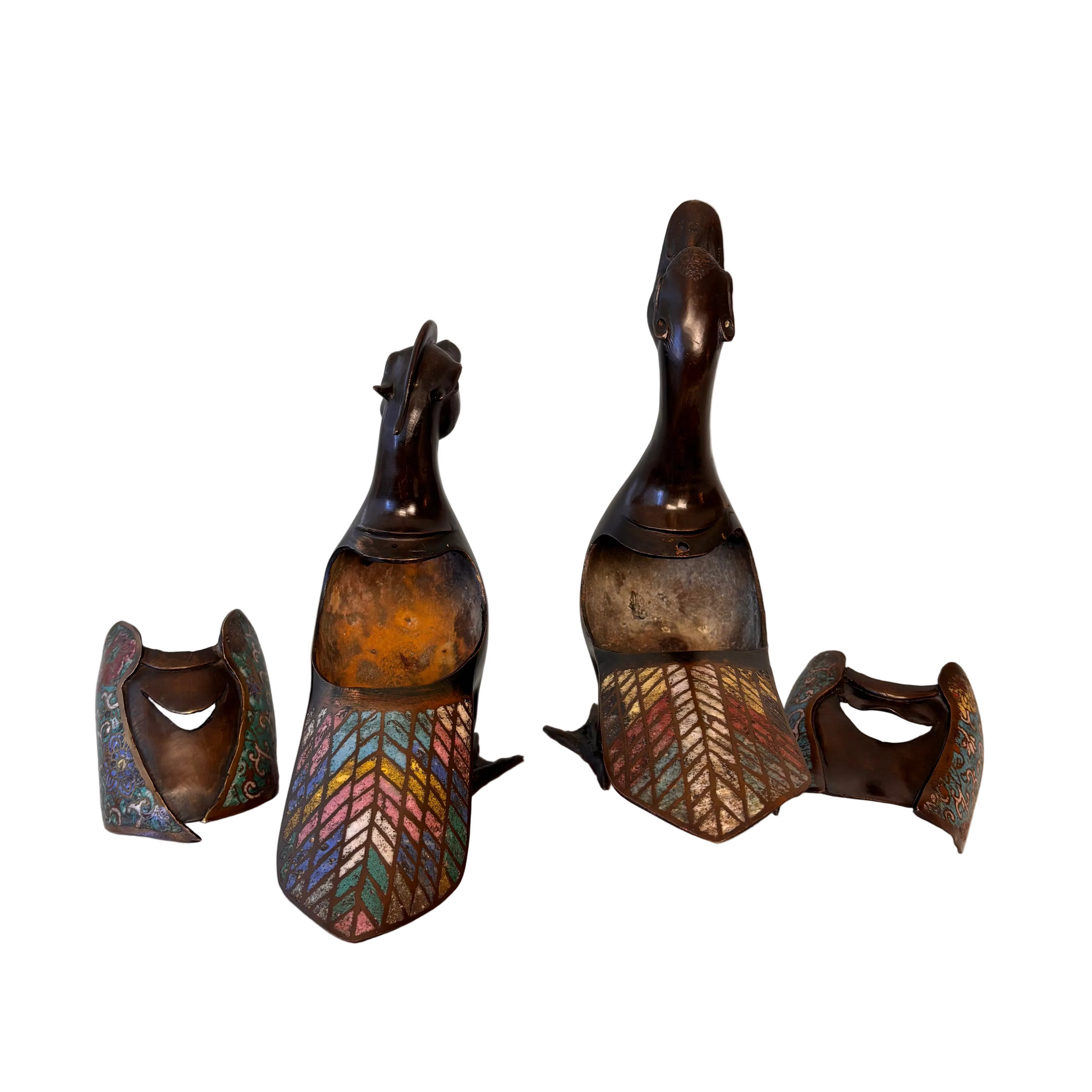 Interior of Chinese bronze mandarin duck incense burner showing incense chamber