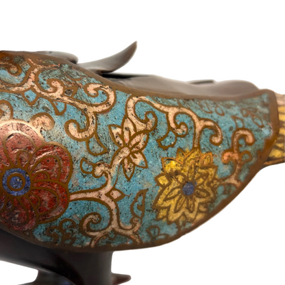 Detail of champlevé enamel decoration on Chinese bronze mandarin duck incense burner