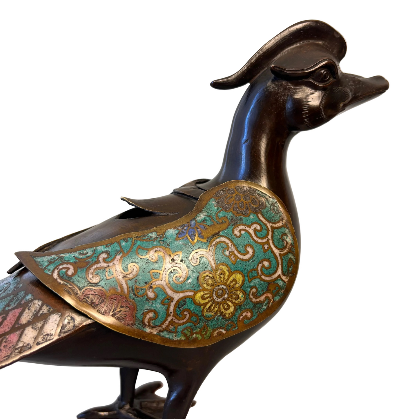 Detail of champlevé enamel decoration on Chinese bronze mandarin duck incense burner