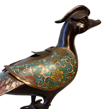 Detail of champlevé enamel decoration on Chinese bronze mandarin duck incense burner